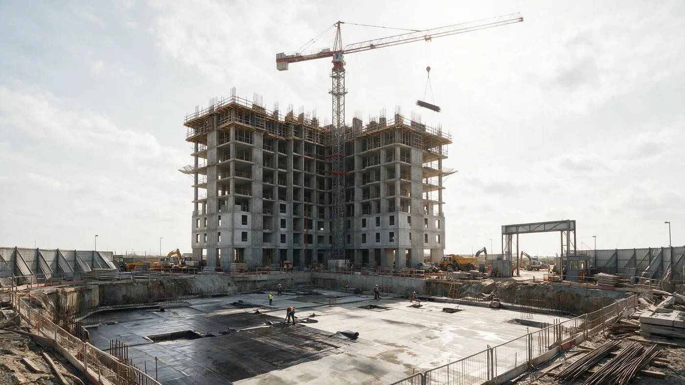 Torres residenciais em construção com a laje do subsolo sendo impermeabilizada