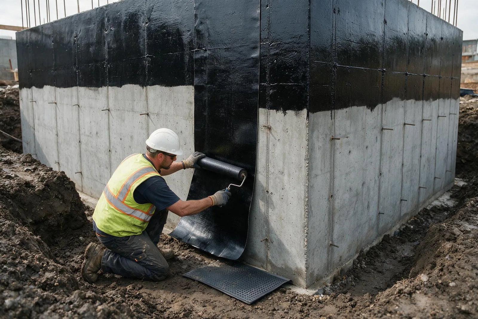 Aplicação de manta de impermeabilização na fundação de concreto de uma obra