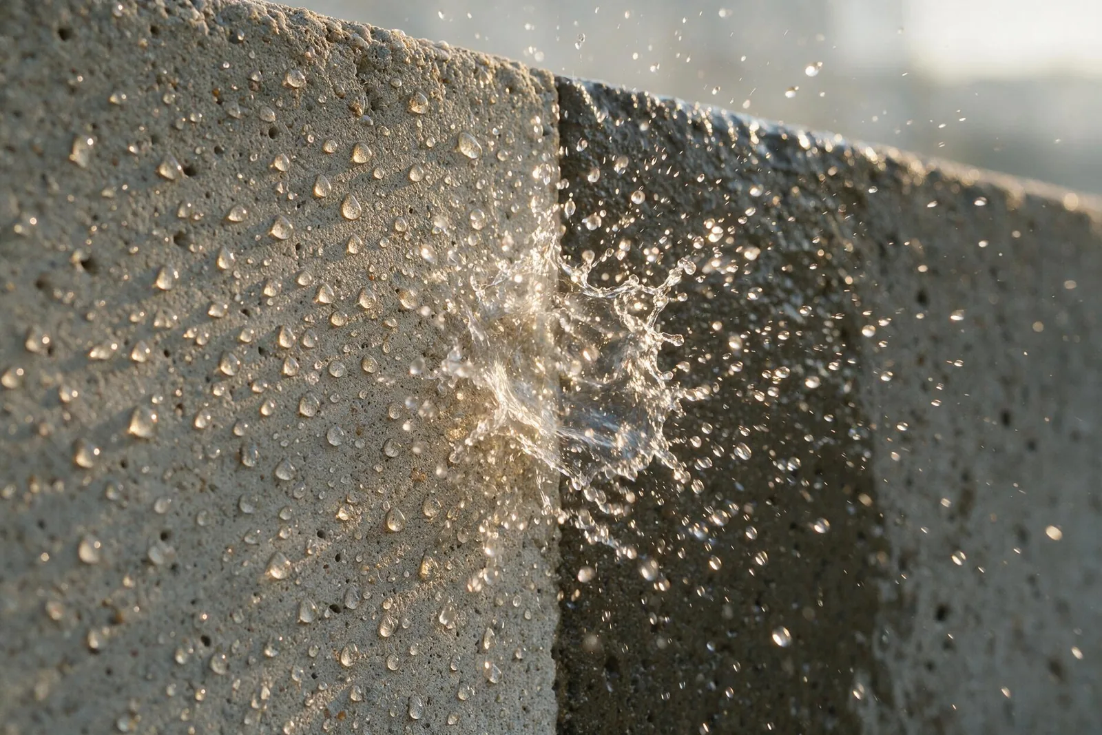 Água batendo no concreto: de um lado escorre sobre a superfície tratada, do outro penetra no concreto sem tratamento