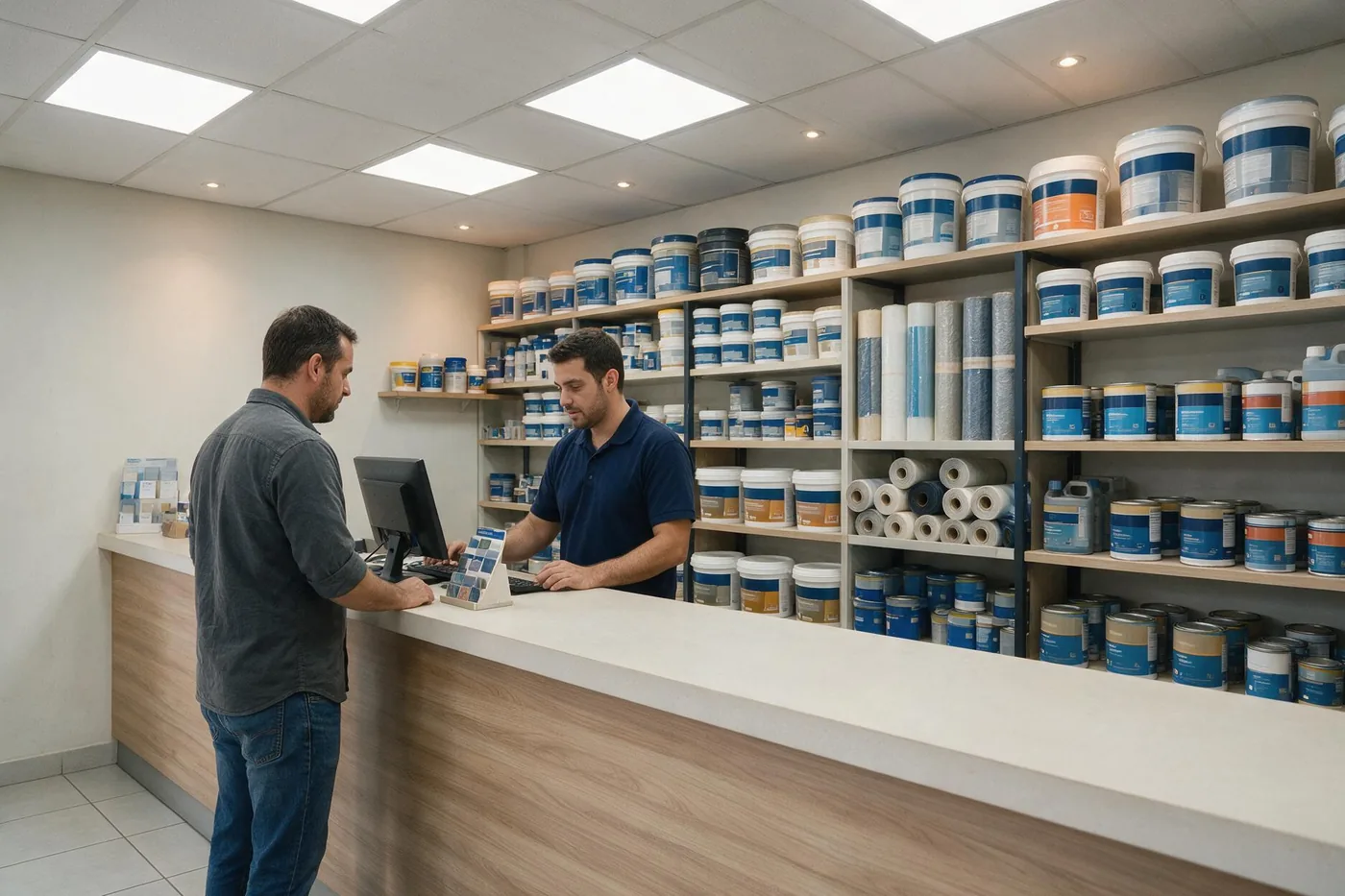 Balcão de atendimento da loja, com prateleiras de produtos de impermeabilização