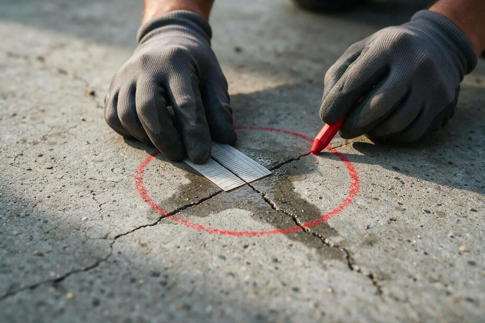 Mãos do técnico medindo e marcando uma trinca com infiltração na laje