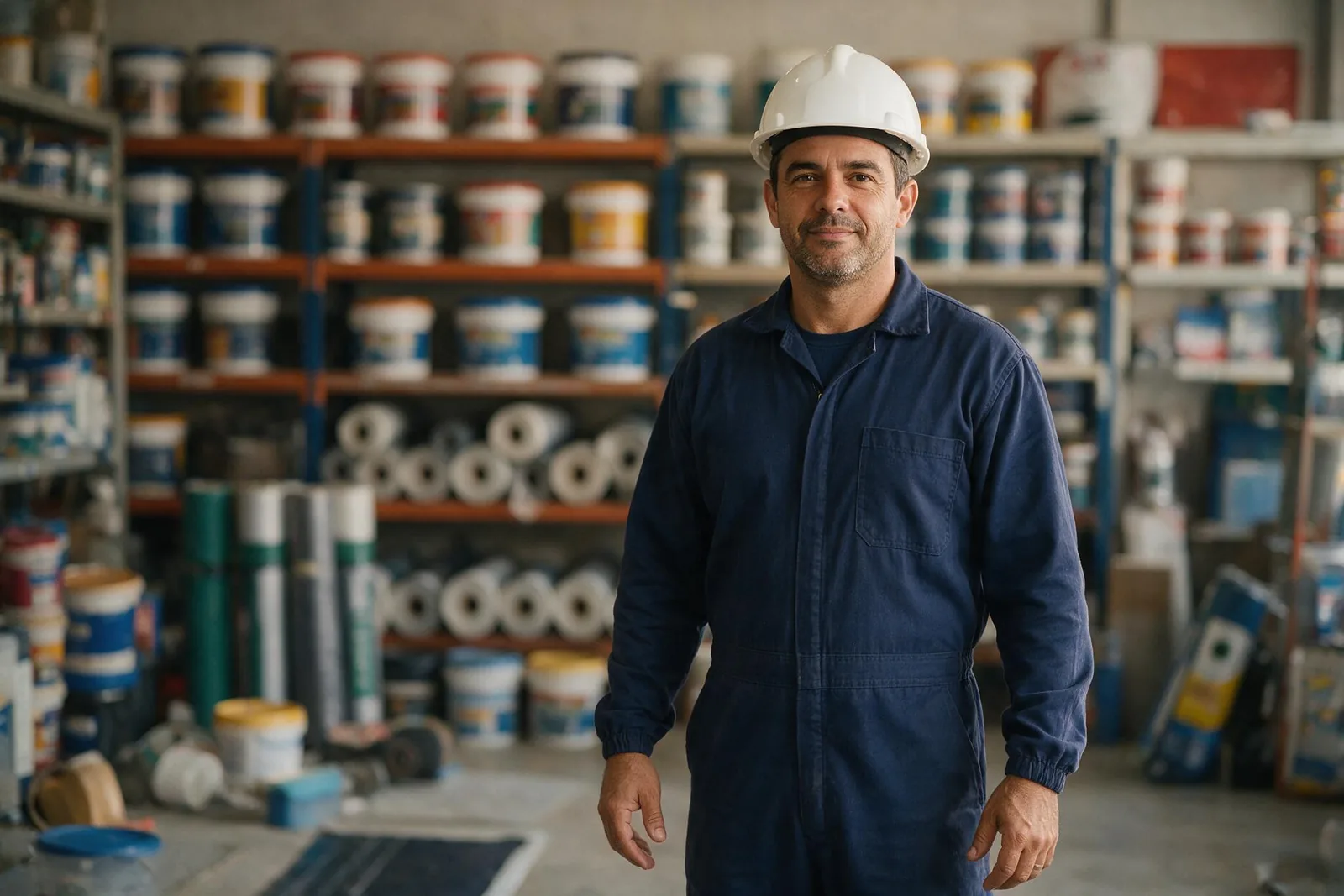 Responsável técnico da ImperGold na loja, entre os produtos de impermeabilização