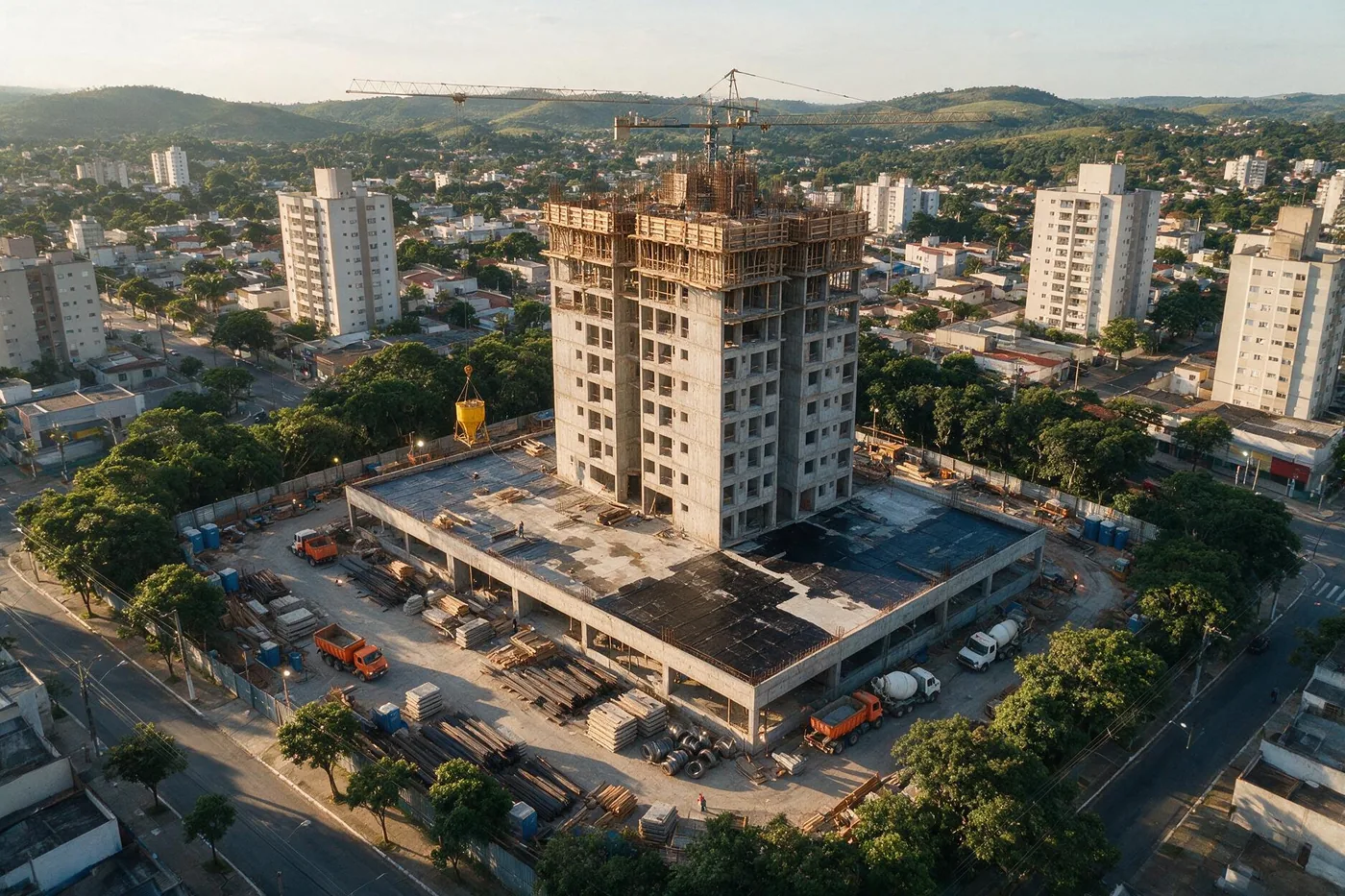 Vista aérea da obra protegida pela ImperGold, com a laje já impermeabilizada